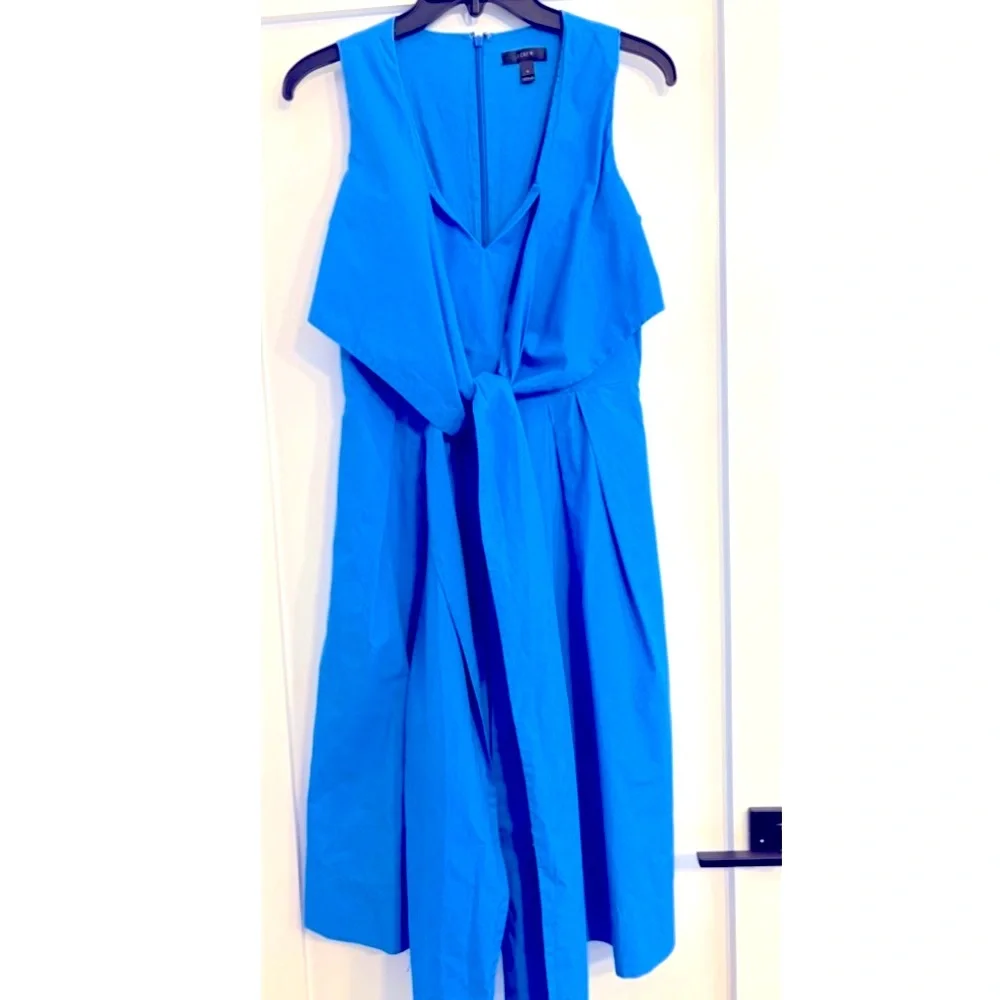 J.Crew V-Neck Faux Wrap Dress Blue 100% Cotton Poplin Sleeveless Size 0 Pockets